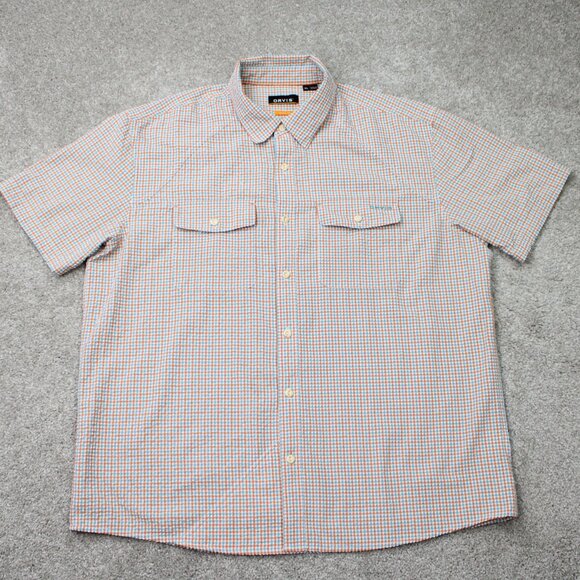 Orvis Seersucker Shirt Mens XL Orange/Blue Active Fit Poly/Nylon S/S Button Down - Picture 1 of 15